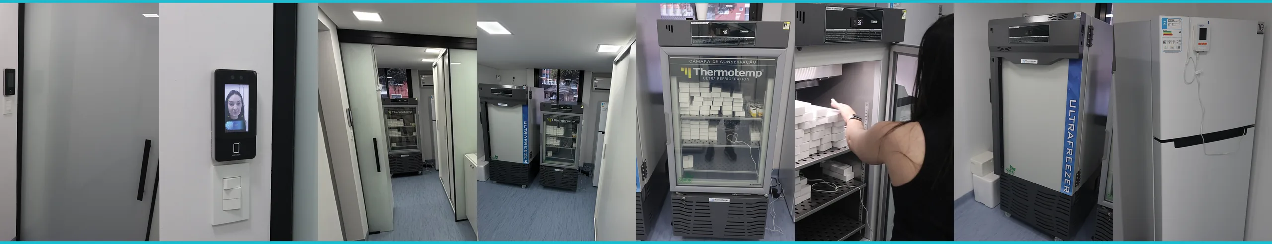 Farmácia do centro: porta com biometria facial, freezers −80 °C e −20 °C, refrigeradores e câmara fria