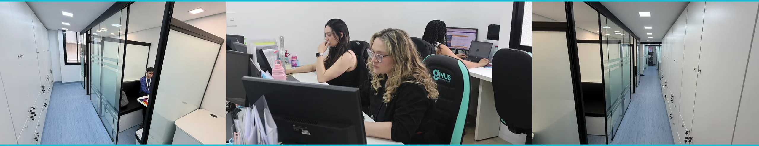 Espaço de monitoria do centro: estações de trabalho fechadas, com vidro, e a equipe de coordenação ao lado