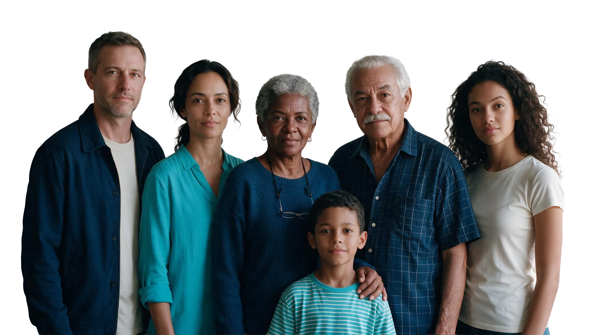 Três gerações de uma família — avós, pais e um menino